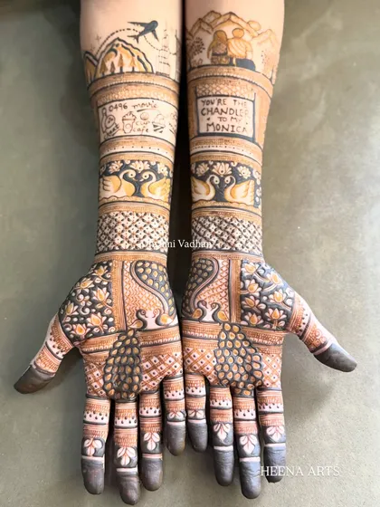 Your mehendi should be as unique as your love story. I had so much fun creating this custom design for a 'Friends' fan, featuring the iconic quote "You're the Chandler to my Monica," along with other personal elements that tell their story.