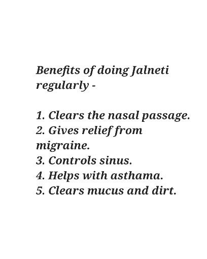 This graphic lists the key benefits of practicing Jal Neti regularly. It is an effective kriya (cleansing technique) for relieving migraines, controlling sinus issues, and clearing mucus for better breathing.