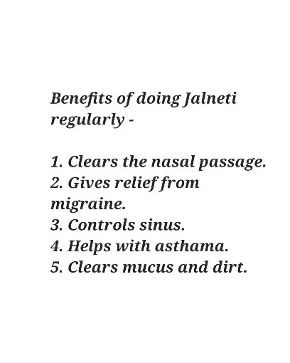 This graphic lists the key benefits of practicing Jal Neti regularly. It is an effective kriya (cleansing technique) for relieving migraines, controlling sinus issues, and clearing mucus for better breathing.