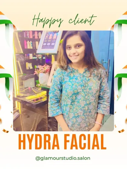 A happy client in our studio, glowing after her Hydra Facial. The ambiance and the results both matter.