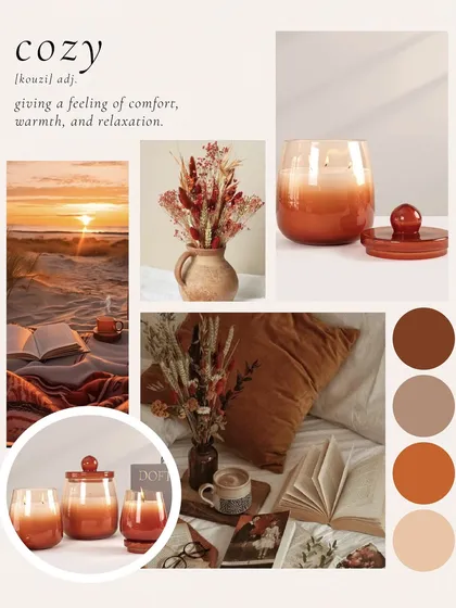 Bask in the golden days of March. This cozy mood board captures the feeling of the golden hour, perfectly complemented by my Cosmic Hue candles that unleash a symphony of citrus zest and woody spruce.