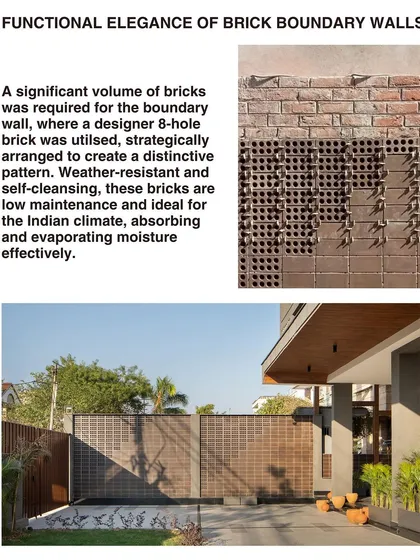 The functional elegance of the brick boundary wall, made from weather-resistant 8-hole bricks. Their pattern is ideal for the Indian climate, absorbing and evaporating moisture effectively.