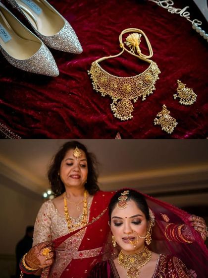 A collage showing bridal details like her Jimmy Choo shoes and gold necklace, alongside a shot of her mother helping her with the veil.
