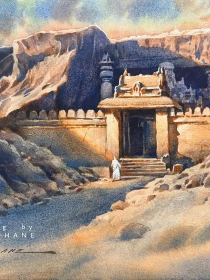 This watercolour painting of the Ellora caves is a tribute to the places that inspire me. The ancient carvings and the play of light and shadow in these historical sites are what I strive to translate into my work.