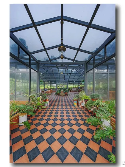 A long corridor in a glasshouse at Magnolia Resorts, with a checkered floor and rows of potted plants. The perspective leads the eye through the space, creating a sense of depth and symmetry.