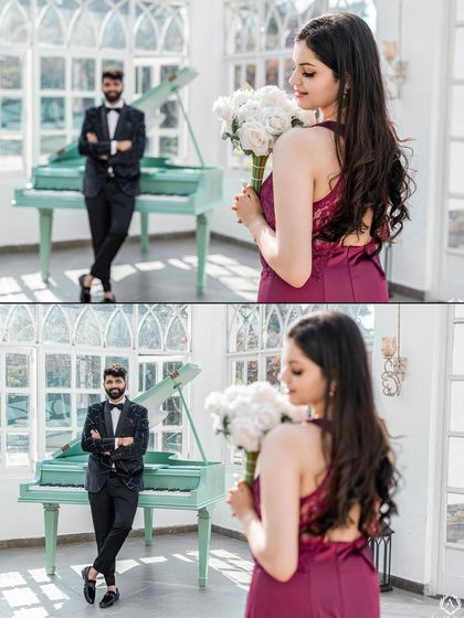 A creative composition showing the groom in the background, out of focus, while the bride holds a bouquet in the foreground. This adds a layer of storytelling and artistry to the portrait.