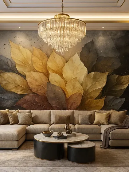 A dramatic and luxurious living room with a 3D wallpaper of large, golden-yellow leaves against a dark background. The design creates a warm and opulent focal point.