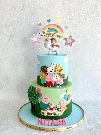 A two-tiered cake featuring Peppa Pig and other favourite cartoon characters for Nitara's birthday.
