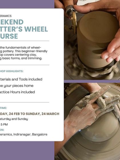 Announcing our Feb-March weekend Potter's Wheel course. This beginner-friendly workshop covers centering, basic forms, and trimming.