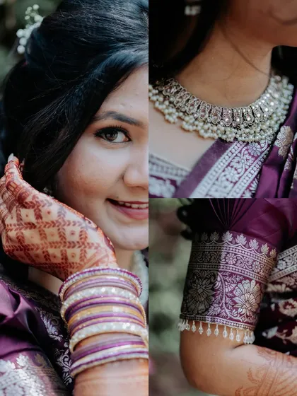 A creative collage from an engagement day, highlighting the bride's beautiful smile, her intricate henna, and details of her traditional saree.