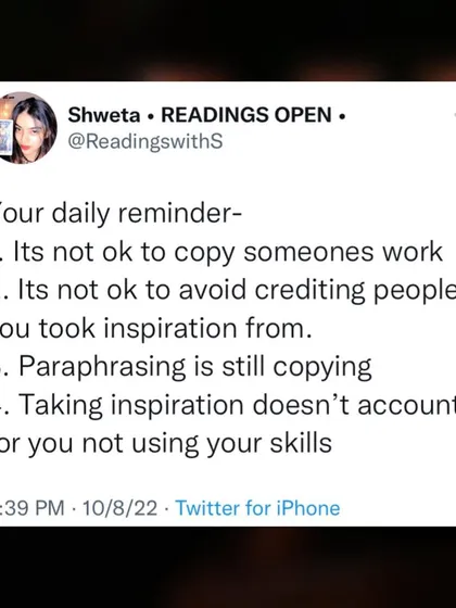 A public service announcement: It's not okay to copy someone's work. Paraphrasing is still copying. Taking inspiration doesn't mean you stop using your own skills. Always credit people.