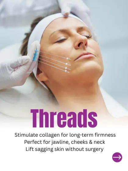 Thread lifts are an excellent non-surgical option for lifting sagging skin. By placing fine threads under the skin, I can create an immediate lift for the jawline, cheeks, and neck, while also stimulating your body's own collagen for long-term firmness.