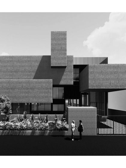 A render of a factory building concept titled "Suspended Solids." The design breaks down the large mass of the factory into a series of floating concrete volumes, creating a more dynamic and less monolithic facade.