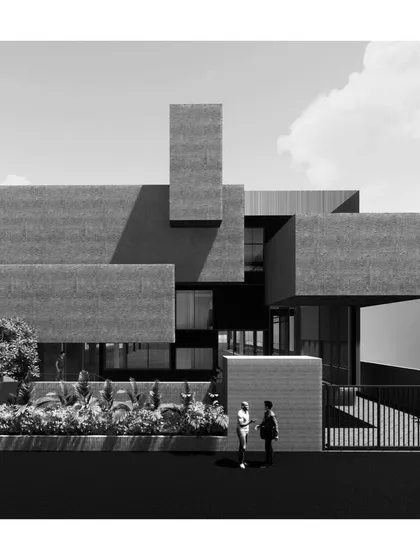 A render of a factory building concept titled "Suspended Solids." The design breaks down the large mass of the factory into a series of floating concrete volumes, creating a more dynamic and less monolithic facade.