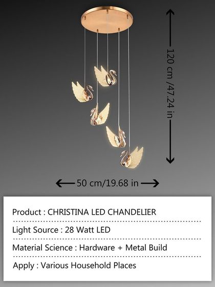This shows the product specifications for the Christina LED swan chandelier. It is a 28-watt LED fixture made of hardware and metal, suitable for various household places.