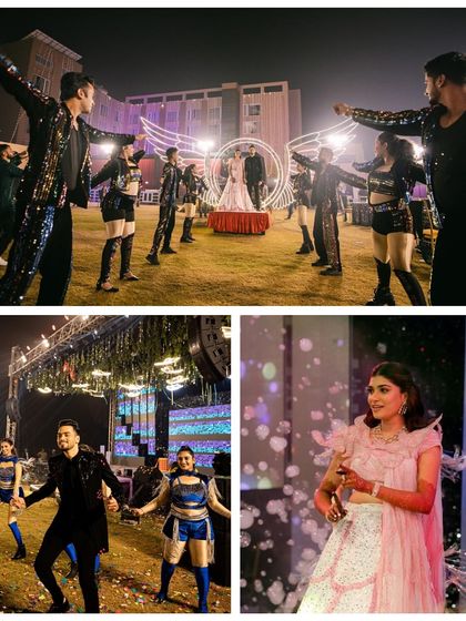 A collage of high-energy moments from a Sangeet, featuring choreographed performances with professional dancers and a grand stage setup.
