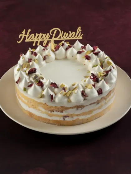 My Rose Pistachio Tres Leches cake is a popular choice for Diwali. This fusion dessert combines the classic milk cake with Indian flavors of rose and pistachio.