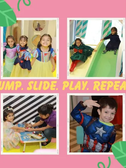Jump. Slide. Play. Repeat. This collage perfectly summarizes the experience at our play area, featuring kids enjoying the slides, activities like tattoo painting, and dressing up as their favorite characters.