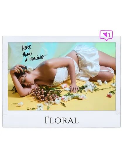 A stylized polaroid from the same floral shoot, adding a nostalgic and tangible feel to the dreamy concept.