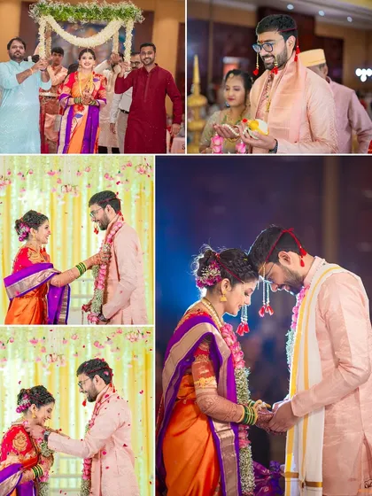 A collage of key moments from a wedding ceremony, including the garland exchange and the couple seeking blessings.