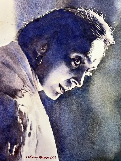 The finished monochrome portrait of Nutan, showcasing the deep shadows and expressive quality achieved with a single color.