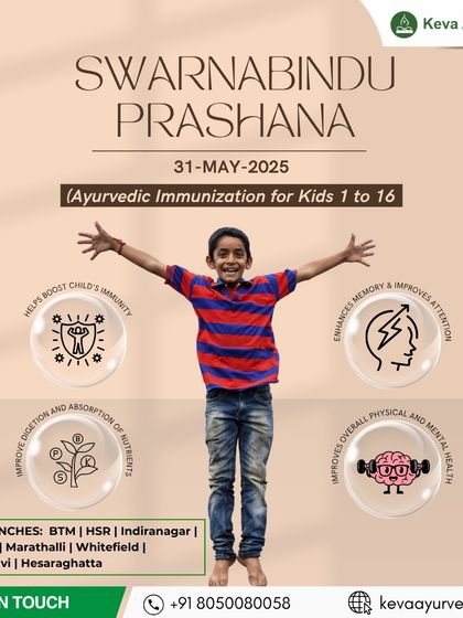 A young boy stands with his arms outstretched in a joyful pose. This image is overlaid with icons that explain the benefits of Swarnabindu Prashana, such as improved attention, better nutrient absorption, and a stronger immune system.
