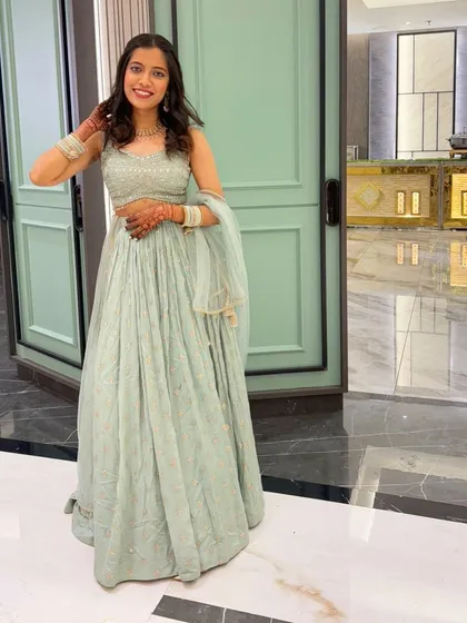This client is ready for her friend's mehndi ceremony in a beautiful mint green lehenga. I gave her a soft, glowing makeup look to match.