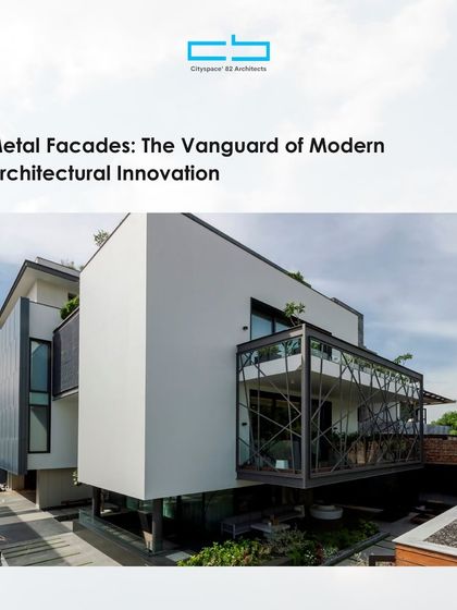 A title card for a series on metal facades as the vanguard of modern architectural innovation. The image shows a building with a striking metal and glass facade, highlighting its contemporary aesthetic.