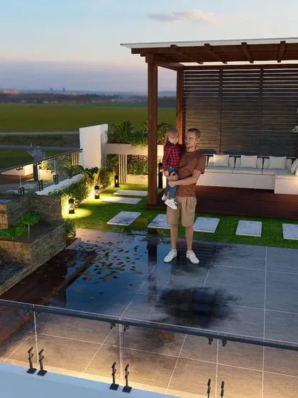 This is a 3D design I created for a client. It helps you see exactly what you'll get. This concept includes a wooden pergola with a privacy screen, a tranquil water feature with a Buddha statue, and smart landscape lighting.
