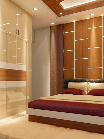 A full view of a bedroom featuring a geometric wood-paneled accent wall with integrated lighting. The glossy, dual-toned sliding wardrobe provides ample storage while enhancing the modern aesthetic.