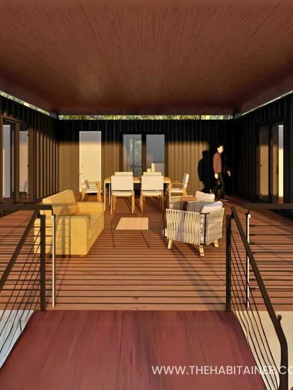 A render of the spacious wooden deck of a 3BHK container home, designed for outdoor living and dining.