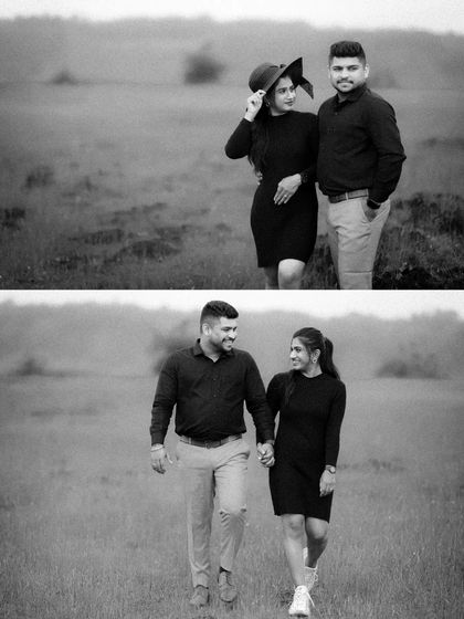 A black and white collage of a couple's pre-wedding shoot, capturing their walk and conversation in a field.