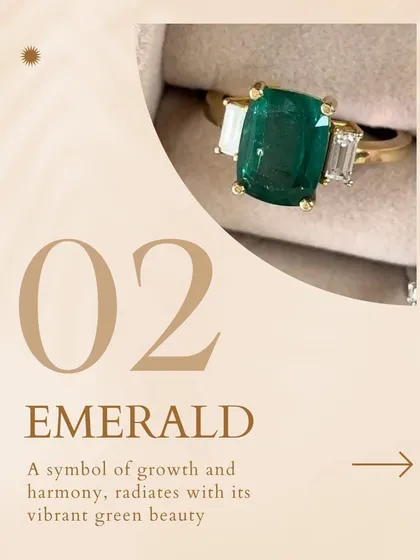 A symbol of growth and harmony, this emerald ring radiates with its vibrant green beauty. The side baguette diamonds add an extra touch of classic elegance.