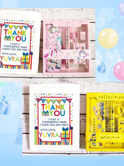 The Unicorn and Minions stationery sets, also paired with the custom paper bags.