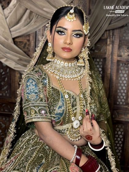 A close-up of the Arabic-inspired bridal makeup. The focus is on the dramatic winged eyeliner and intricately detailed jewelry, a style that requires precision and a steady hand, which we develop through guided practice.