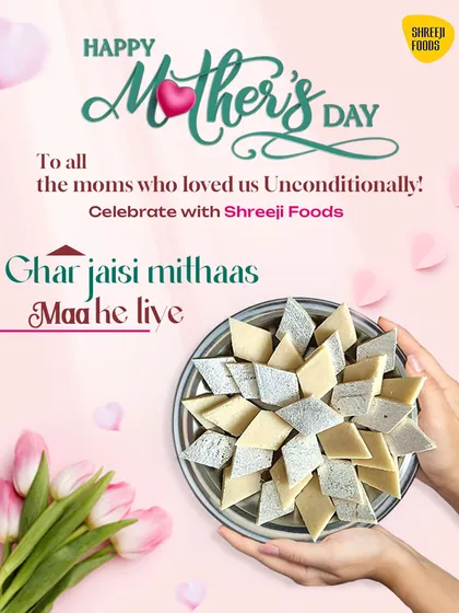 To celebrate Mother's Day, I offer the "Ghar jaisi mithaas" she deserves. This image features a plate of my finest Kaju Katli, because nothing says love like a box of her favourite sweets.