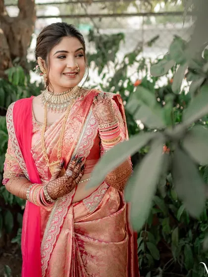 A happy and confident bride on her engagement day. The makeup is designed to enhance her natural beauty and make her feel her best.