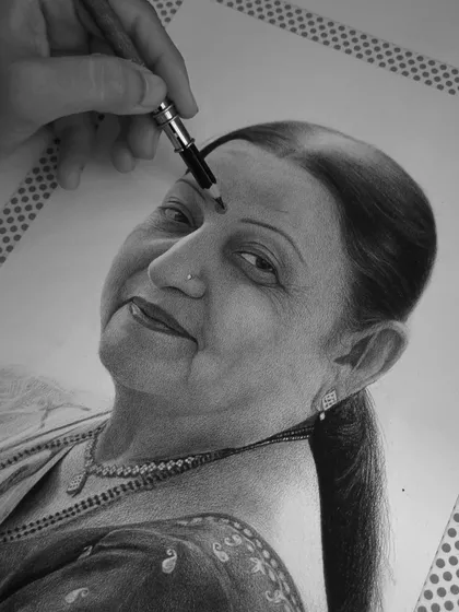 A work-in-progress shot of the portrait, focusing on the eyes and the initial layers of skin texture.
