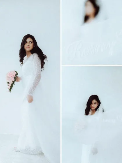 An artistic collage focusing on the bride's ethereal beauty, using the veil to create soft, dreamy portraits. These shots highlight the creative approach of my wedding photography team.