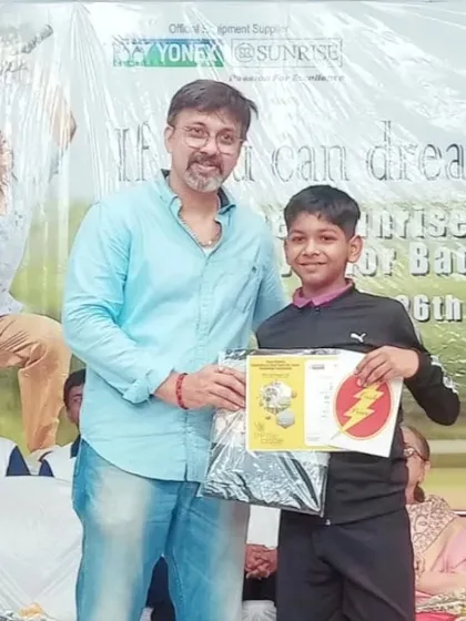 Jayden Noronha receiving his silver medal for the under-13 boys singles at the Shuttle Craze State Open. A nail-biting final and a performance to be proud of.