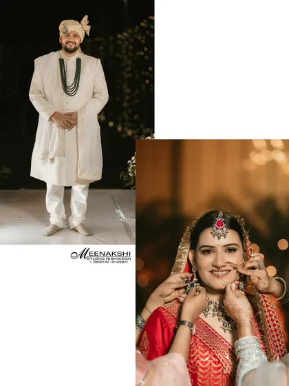 A collage showing the groom in his elegant sherwani and a candid moment of the bride getting her final touches. It captures the anticipation and beauty of the wedding day.