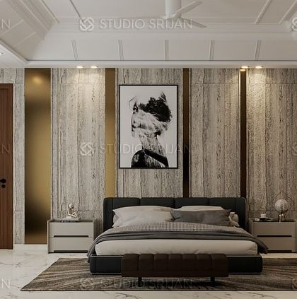 The main view of the Model Town bedroom, showing the symmetrical design with matching nightstands and a large piece of monochrome art above the bed.