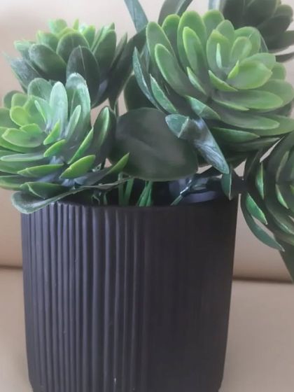 The same black ribbed ceramic planter, this time with a beautiful artificial succulent. This shows how a simple, classic pot can be used to highlight different types of plants.