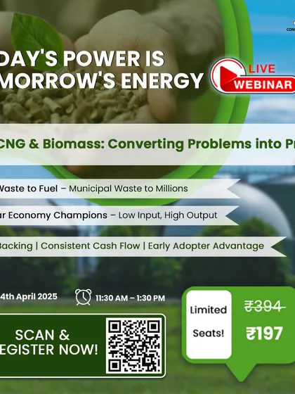 This webinar promotion focuses on converting problems into profits through Bio-CNG and biomass. The visual of a biogas plant reinforces our expertise in helping clients build businesses with consistent cash flow and government backing.