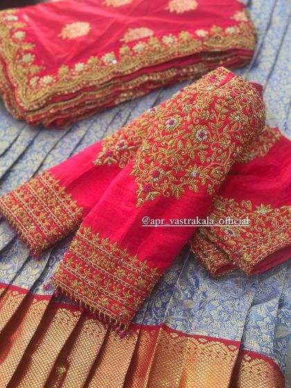 A pink blouse with heavy gold zardosi work.