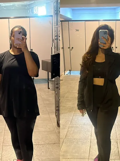 Real results for a real client. This is Dua's incredible 11-month transformation, losing 15 kgs through consistent strength training and dedication. This is what we can achieve together.