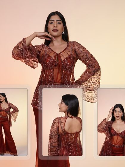 A collage of our rust-colored Indo-Western outfit, highlighting the corset top, flared pants, and embellished jacket.