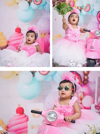 A three-photo collage capturing the dynamic energy of the candy-themed shoot. It shows the baby posing, playing with flowers, and looking cool on her scooter.