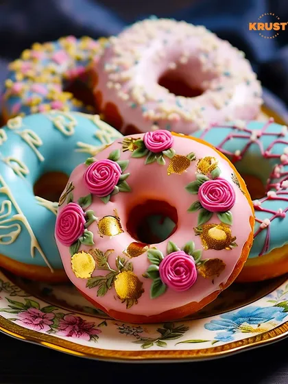 A collection of beautifully decorated doughnuts with floral icing designs and gold leaf. This is the level of edible art you can learn in our decorating workshops.