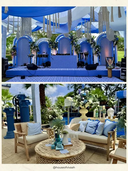 This collection of images provides a deeper look into my blue and white themed events. You will find details like custom stationery, floral-filled fountains, elegant table settings with blue pottery, and beautifully styled lounge areas, all showcasing a timeless and sophisticated design approach.